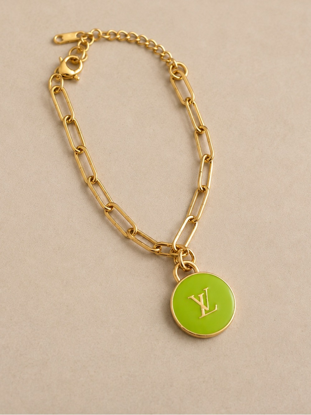 Gold-Tone Chain Bracelet with Lime Green LV Skittle Logo Disc